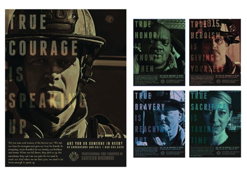 Courage editorial design — dark collage poster series