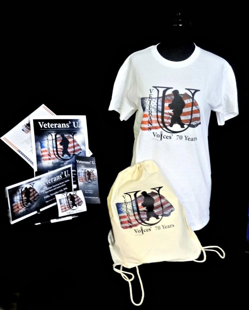 Veterans United Voices 70 Years — branded merchandise t-shirt bag and print set
