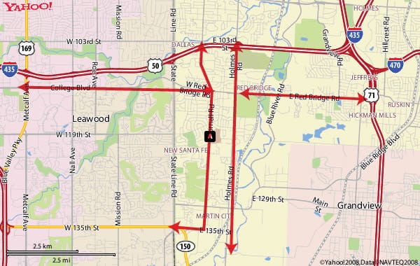 Yahoo Maps view of greater Kansas City area showing extended evacuation routes from Avila University campus