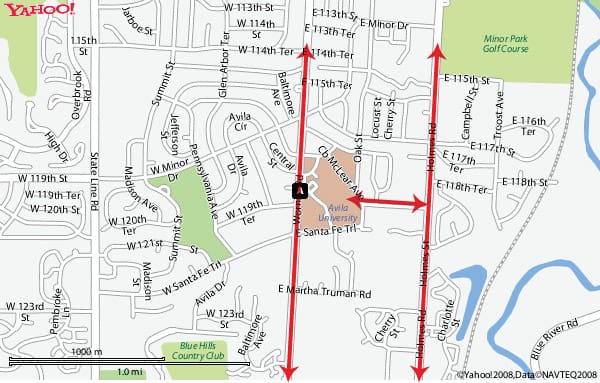Yahoo Maps view of local streets surrounding Avila University showing evacuation routes with directional arrows