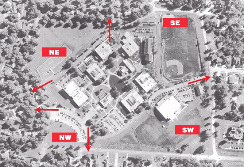 Avila University campus aerial map showing four evacuation points marked NE, NW, SE, and SW