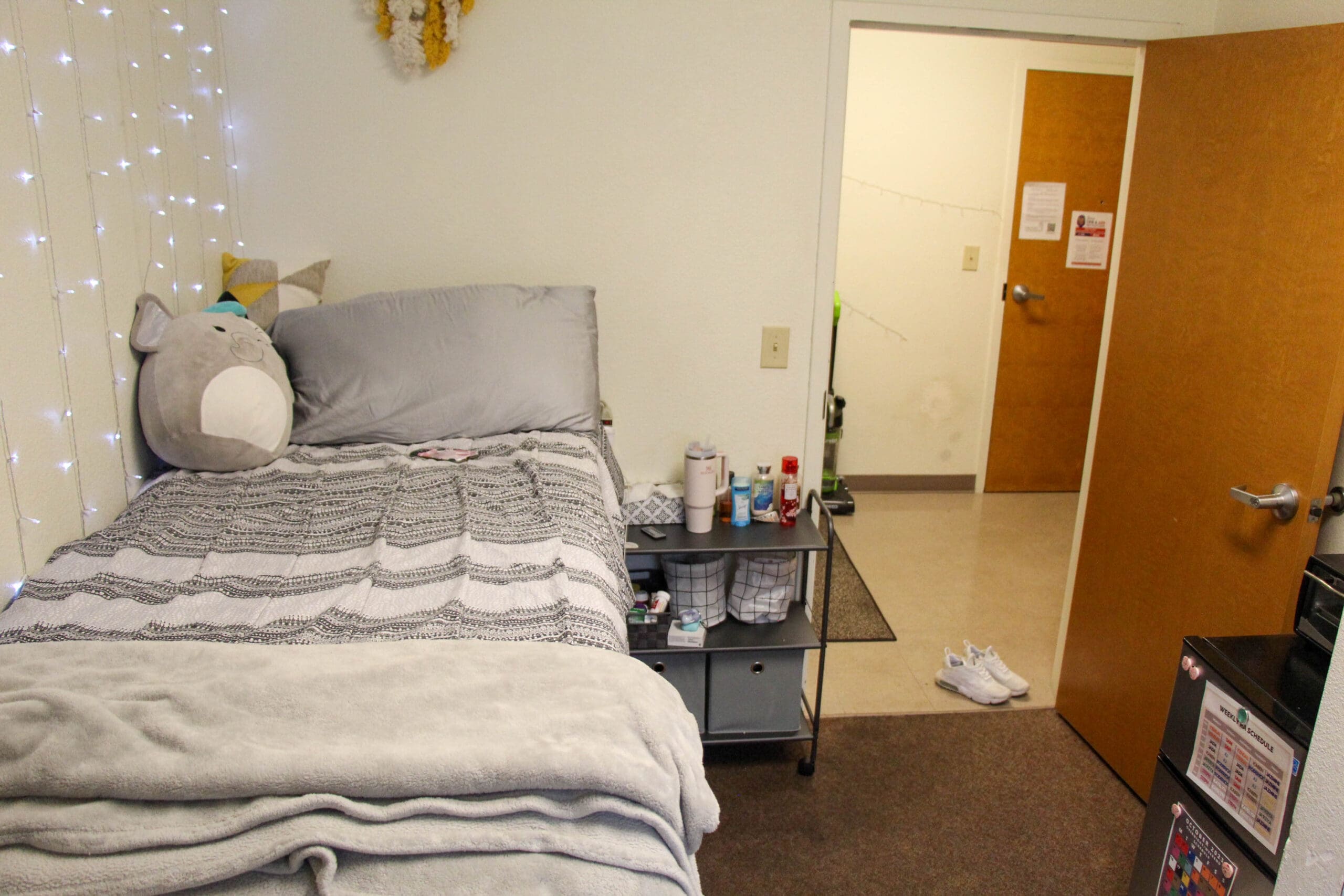 Wylie Hall single bedroom with bed, shelving, and personal decorations