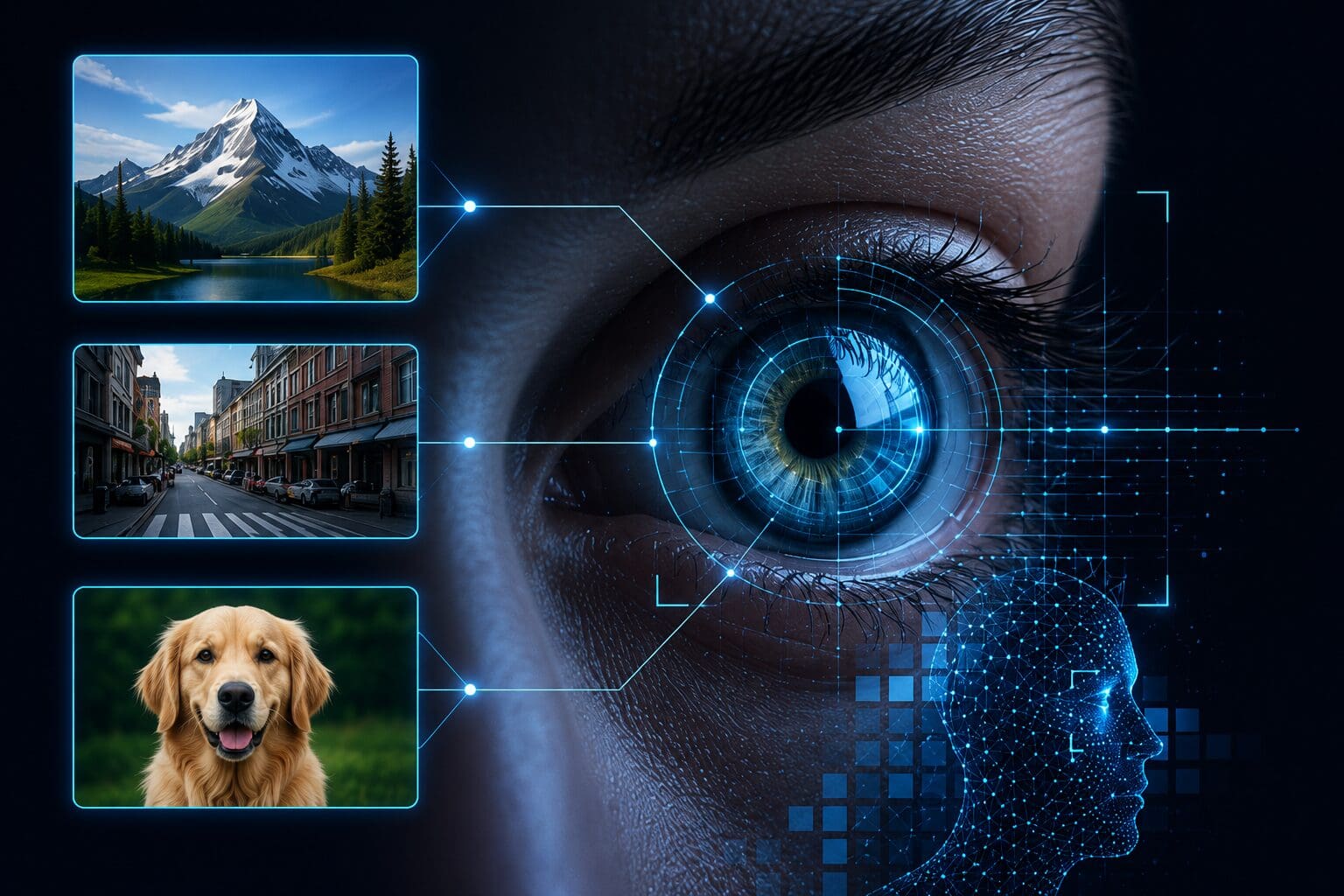 A dramatic close-up of a blue human eye overlaid with glowing digital targeting circles, connected by cyan lines to three framed images on the left: a snow-capped mountain landscape, a city street, and a golden retriever dog. In the lower right, a glowing wireframe profile of a human head suggests artificial intelligence. The dark background reinforces a high-tech, futuristic aesthetic representing computer vision and image recognition.