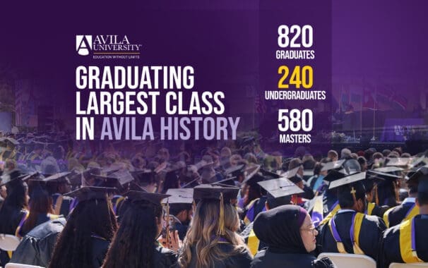 Avila University graphic announcing the graduation of its largest class in history, featuring 820 total graduates — 240 undergraduates and 580 master's students — overlaid on a photo of graduates in purple caps and gowns.