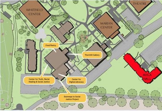 DEI-map, Center for Digital Advocacy, Doorways to Social Justice Project, and the Thornhill Gallery are all located on the southeast corner of the Avila campus in the Dallavis Center