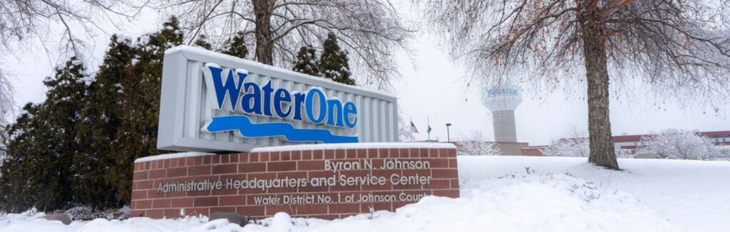 WaterOne Byron N. Johnson Administrative Headquarters and Service Center sign in winter — Water District No. 1 of Johnson County