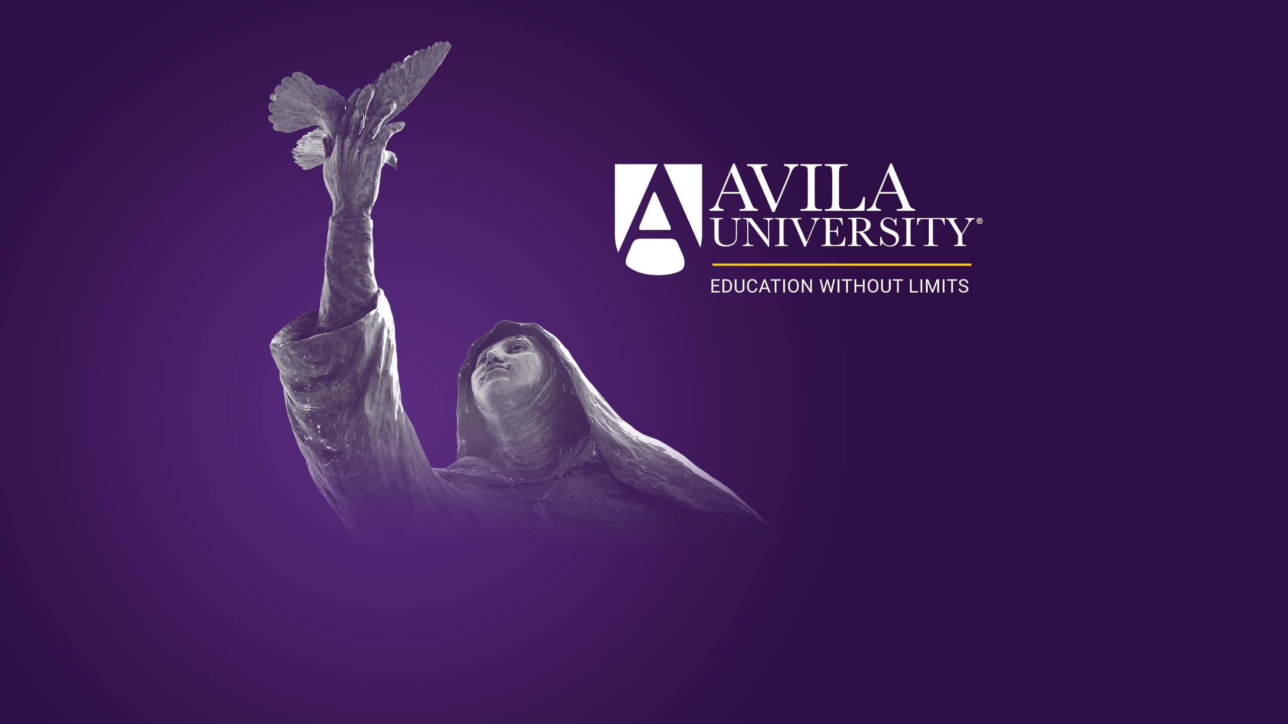 Avila University statue of a robed figure releasing a bird, with the Avila University logo and tagline "Education Without Limits" on a purple background