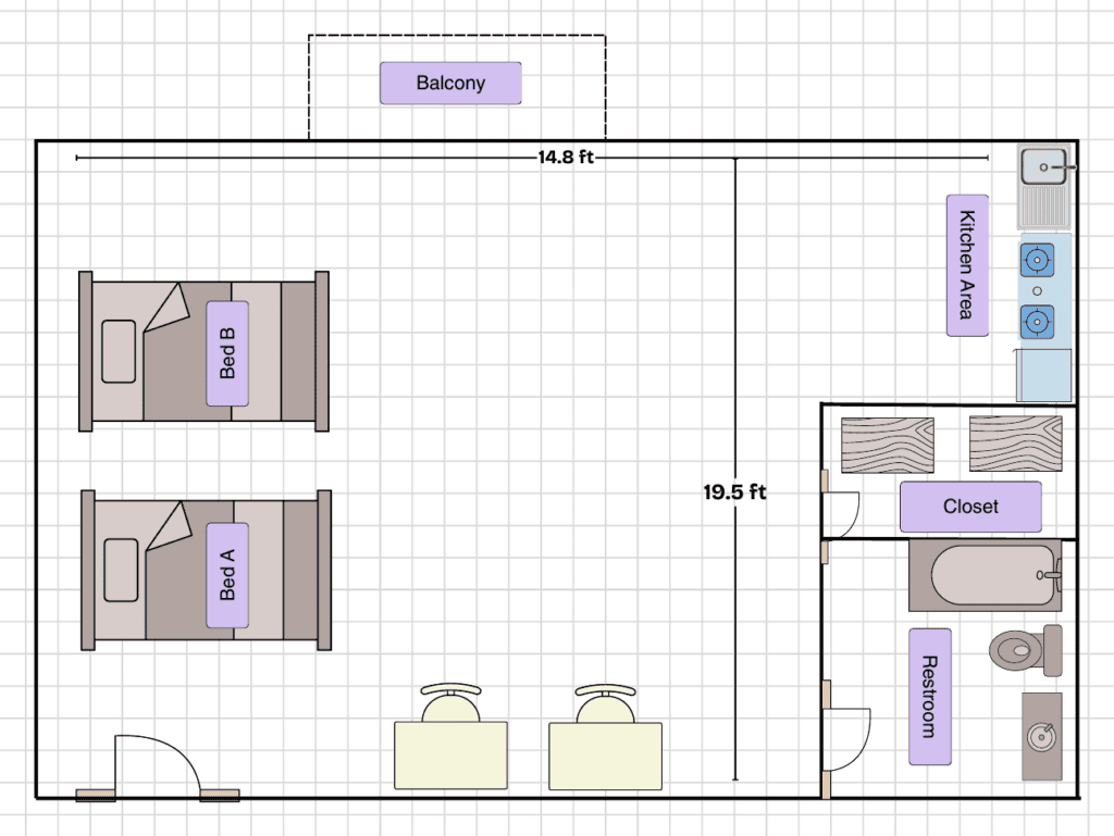 Floor plan of a Villa Ventura studio with two beds, two desks, a kitchen area, closet, restroom, and balcony.